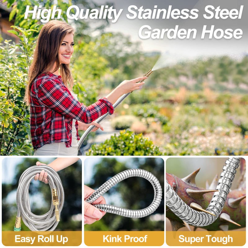 Kuosdaz Metal Garden Hose 100FT  Stainless Steel Heavy Duty Water Hose with Brass Nozzle  Sturdy and Lightweight  No Kink & Tangle  Easy to Use & Store  Suitable for Yard and Lawn - Image 4